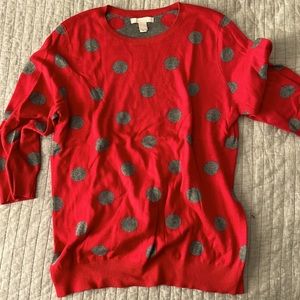 Red sweater with grey polka dots